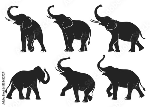 Silhouette set of six elegant african elephants in various poses on a white background