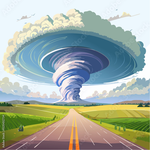 Vector illustration, Incredible supercell spinning across wide country, sky full of dark storm clouds