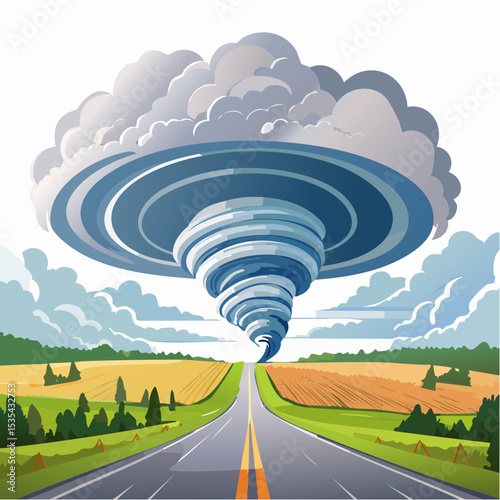 Vector illustration, Incredible supercell spinning across wide country, sky full of dark storm clouds