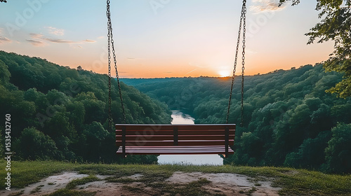 Serene sunset view from a hanging bench overlooking a lush green valley and river. Perfect for relaxation, peace, and tranquility.
