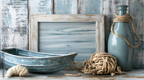 Rustic coastal scene with distressed blue boat, rope, vase, and aged wooden frame. Perfect for nautical, beach house, or home decor themes.