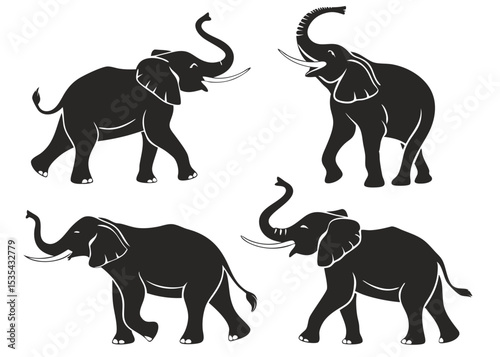 Silhouette vector illustration of four african elephants in various poses on white background
