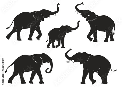 Silhouetted african elephants posing and walking against a white background in vector format