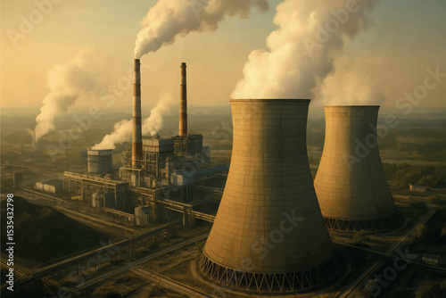 Aerial view of large industrial factory with cooling towers and smoke stacks, emitting steam at sunset, industrial landscape at dusk, icon set