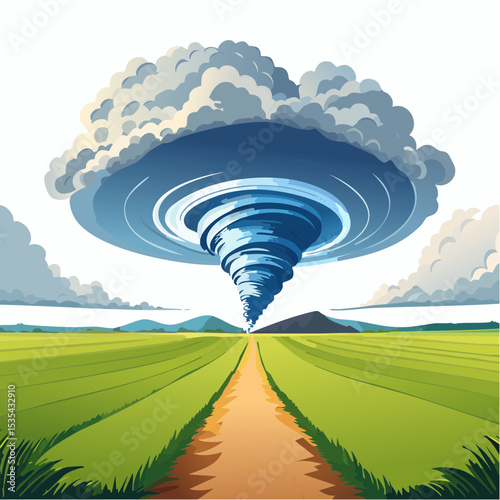 Vector illustration, Incredible supercell spinning across wide country, sky full of dark storm clouds