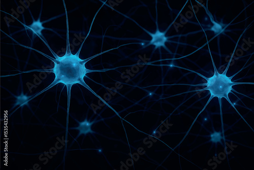 interconnected neurons with glowing blue synapses, representing neural network and brain activity, dark background, abstract scientific concept, icon set
