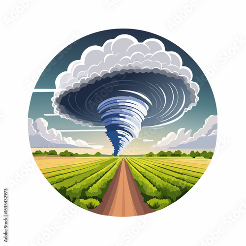 Vector illustration, Incredible supercell spinning across wide country, sky full of dark storm clouds