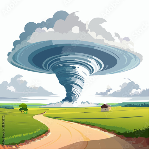 Vector illustration, Incredible supercell spinning across wide country, sky full of dark storm clouds