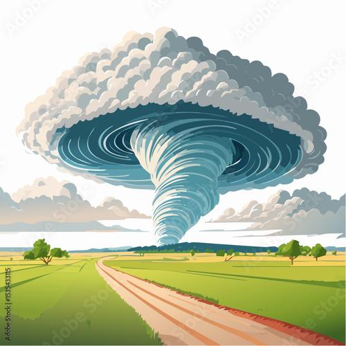 Vector illustration, Incredible supercell spinning across wide country, sky full of dark storm clouds