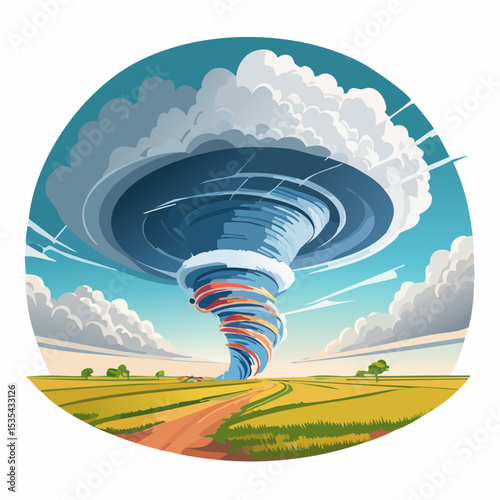 Vector illustration, Incredible supercell spinning across wide country, sky full of dark storm clouds