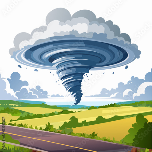 Vector illustration, Incredible supercell spinning across wide country, sky full of dark storm clouds