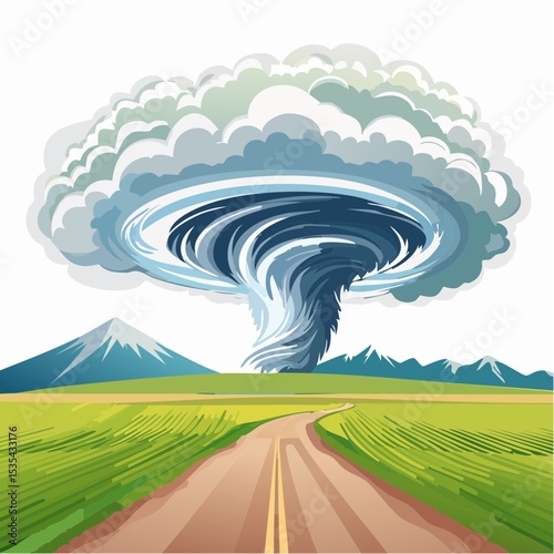 Vector illustration, Incredible supercell spinning across wide country, sky full of dark storm clouds