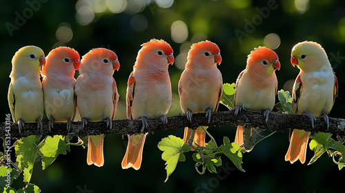 Eight peach-faced lovebirds perched on a branch, bathed in warm sunlight.  A delightful image showcasing vibrant colors and natural beauty.