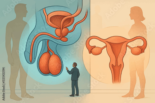 male and female reproductive anatomy, showing detailed organs and structures, with a person observing the diagram, educational concept, human anatomy