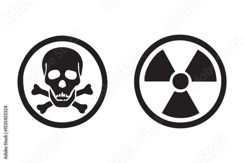 skull and bones icon with nuclear symbol, warning signs for radiation and toxic substances, biohazard alert, health safety symbols icon set