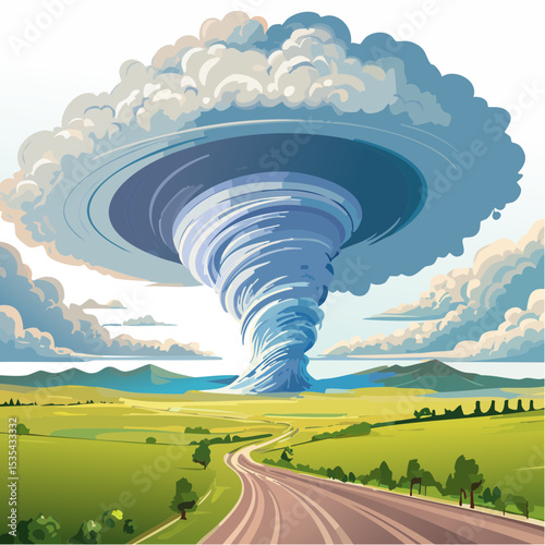 Vector illustration, Incredible supercell spinning across wide country, sky full of dark storm clouds