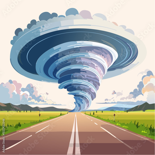 Vector illustration, Incredible supercell spinning across wide country, sky full of dark storm clouds