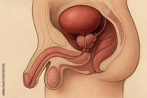 male pelvic anatomy showing bladder, prostate, urethra, and reproductive system, medical educational diagram icon set