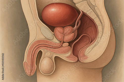 detailed anatomical diagram of male reproductive and urinary system, depicting bladder, prostate, and urethra, medical health illustration icon set