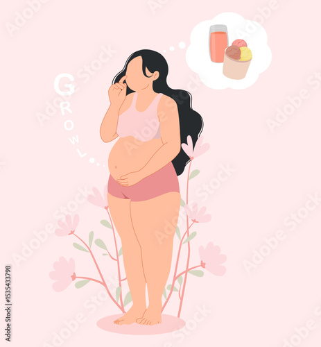Pregnant woman feels hungry and her stomach growls.