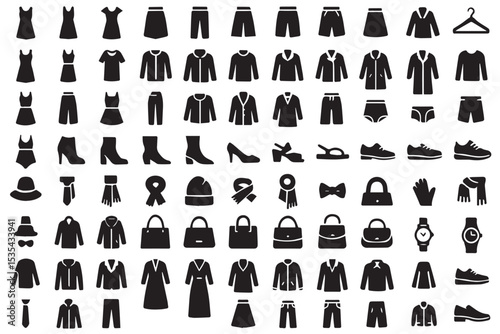 minimalist clothing and accessory icons collection, including dresses, shoes, bags, and scarves, fashion essentials, stylish icon set