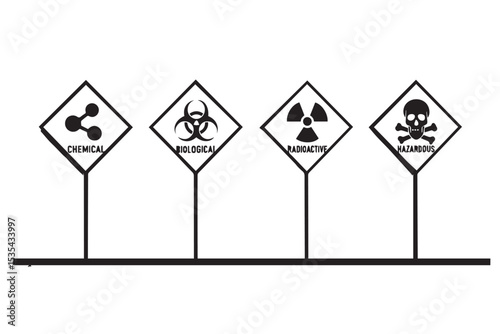 minimalist danger and hazard warning signs, including chemical, biological, radioactive, and corrosive, safety labels icon set