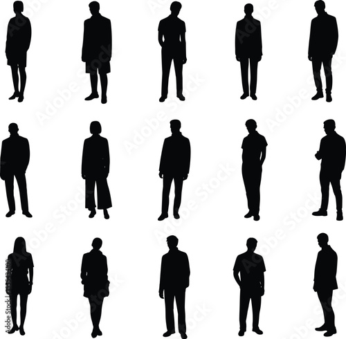 "Silhouette collection of diverse professional business individuals in various poses, standing, and confident body language isolated on white background"