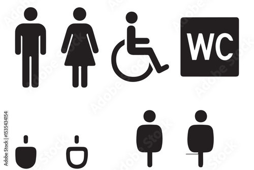 Minimalist restroom signs with male, female, wheelchair and universal restroom indicators icon set