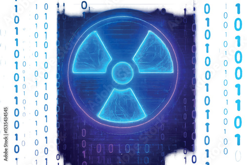 Neon glowing digital radiation symbol over binary code backdrop, representing digital technology, cybersecurity, and radiation, in vibrant blue and purple, icon set