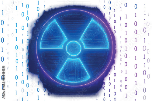 Futuristic neon radiation icon illuminated against a backdrop of binary code, symbolizing data, technology, and nuclear themes in digital art, icon set
