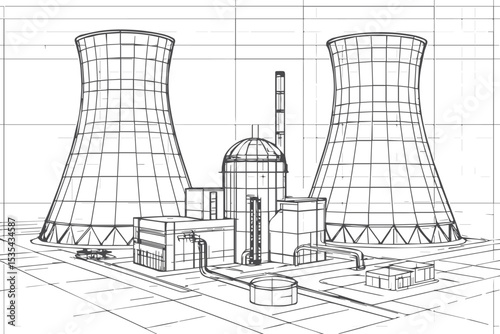 Blueprint style illustration of a nuclear power plant with cooling towers, reactor buildings, and pipelines, showcasing nuclear energy infrastructure, icon set
