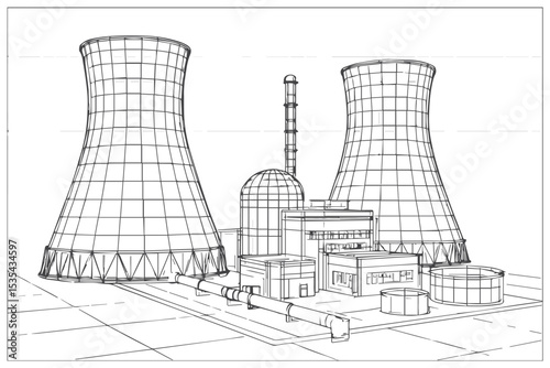 Technical drawing of a nuclear power facility, featuring cooling towers, reactor building, and energy infrastructure in blueprint design, industrial concept, icon set