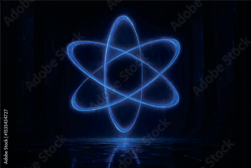Futuristic blue glowing atomic ring in a dark, mysterious chamber, representing nuclear energy, advanced technology, and atomic science, illuminated in neon, icon set