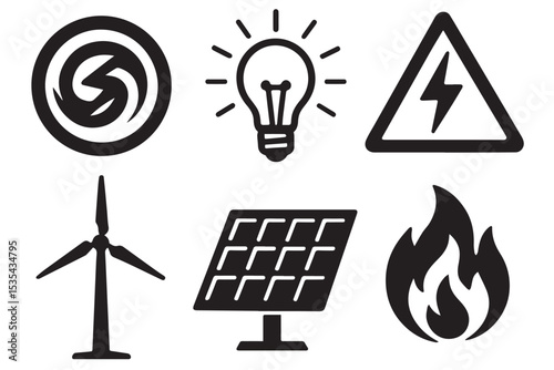 Collection of powerful energy icons, including wind, solar, electric, and flame symbols, representing renewable energy, electricity, and energy sources, icon set