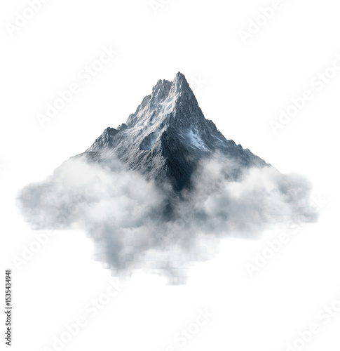 Isolated mountain peak, capped with snow, rising above a cloud base