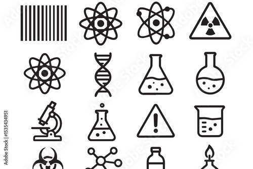 scientific icons, including atoms, DNA, lab equipment, hazardous symbols, and more, representing research, chemistry, and biology, icon set
