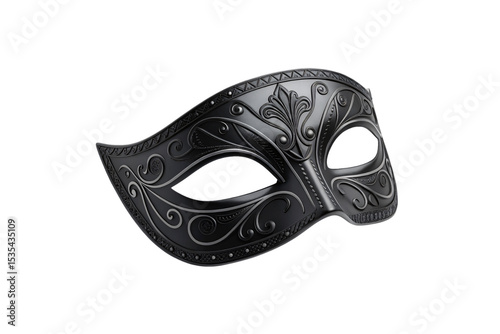 Sophisticated black masquerade mask with ornate baroque relief designs and detailed sculptural surface decorative elements, isolated on a transparent background