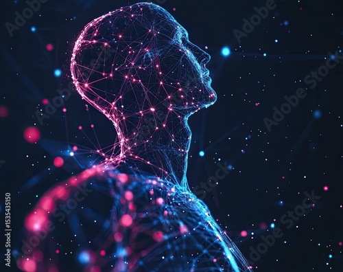 Digital human head,  profile view,  glowing network of connections,  contemplative pose