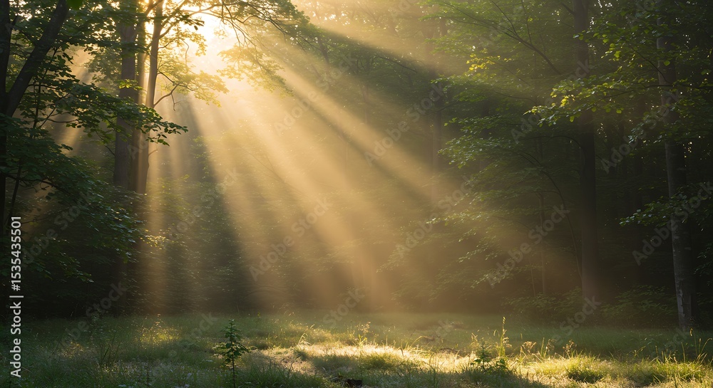 Obraz premium Sunlight Shining Through Green Forest Trees with Morning Mist