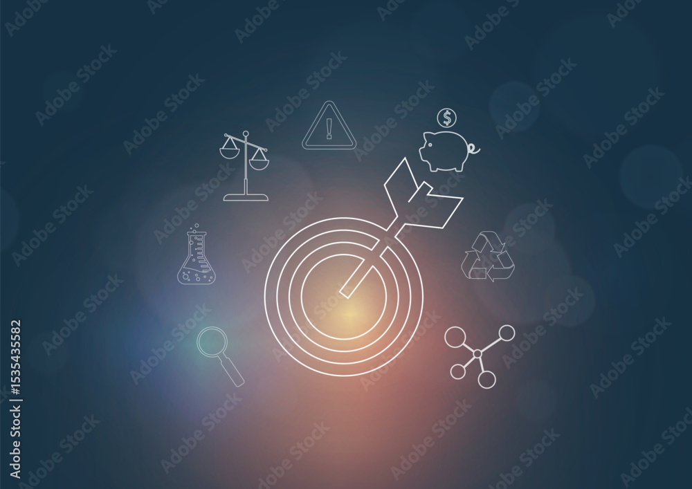 Obraz premium PFAS management circular infographic template with central target and process icons. Environmental compliance strategy diagram showing interconnected assessment elements. PFAS. Vector illustration