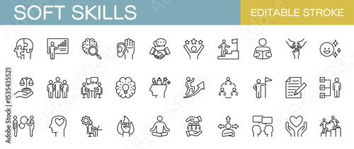 Soft skills line icon set – Includes communication, teamwork, leadership, creativity and adaptability. Editable stroke. Vector illustration.