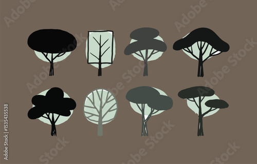 Collection of eight stylized tree illustrations in black and green hues