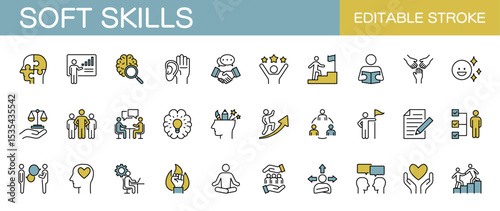 Soft skills line icon set – Includes communication, teamwork, leadership, creativity and adaptability. Editable stroke. Colored vector illustration.