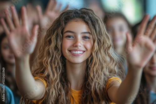 Girl with hands up in the air.