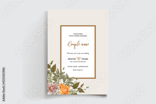 WEDDING INVITATION FRAME WITH FLOWER DECORATIONS AND FRESH LEAVES