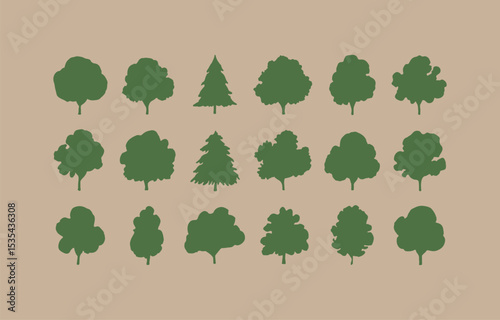 Collection of eighteen green tree silhouettes various shapes and sizes ideal for nature designs