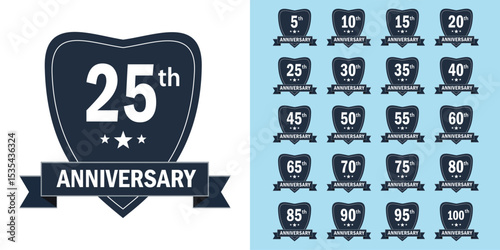 Anniversary shield badge set with a ribbon and stars, with varying percentage increments from 5% to 100%, ideal for milestones, quality assurance, and celebratory events