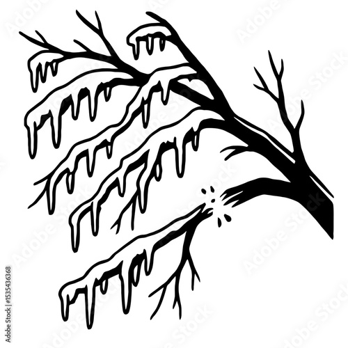 Monochrome Tree Branch with Heavy Ice and Broken Section Illustration - Symbolizing Winter Damage or Fragility