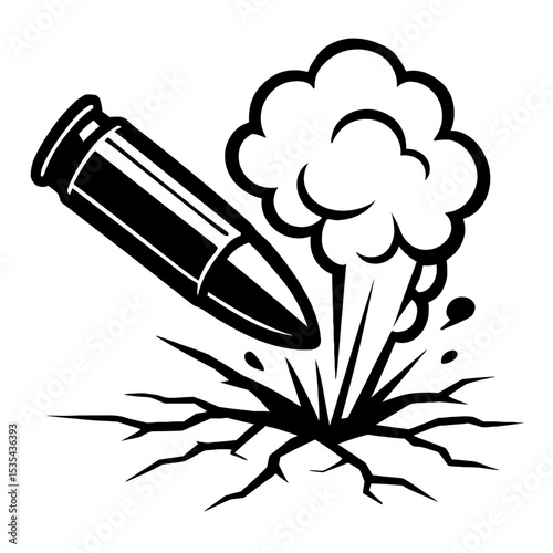 Powerful Monochrome Bullet Explosion Impacting Cracked Ground Illustration - Depicting Force, Conflict, or Breakthrough