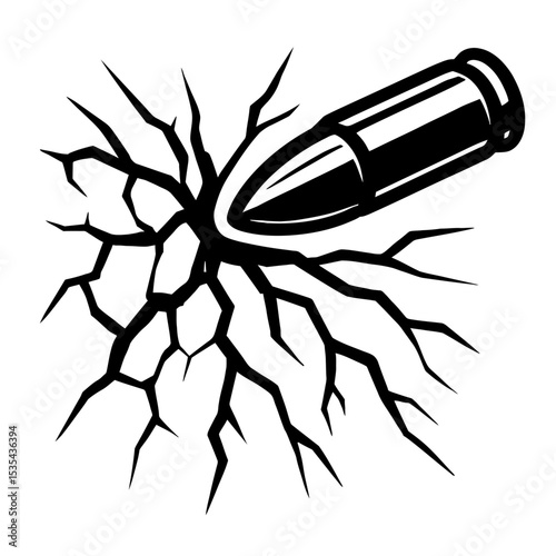 Dramatic Monochrome Bullet Impact with Cracked Surface Illustration - Depicts Force, Damage, or Breakthrough